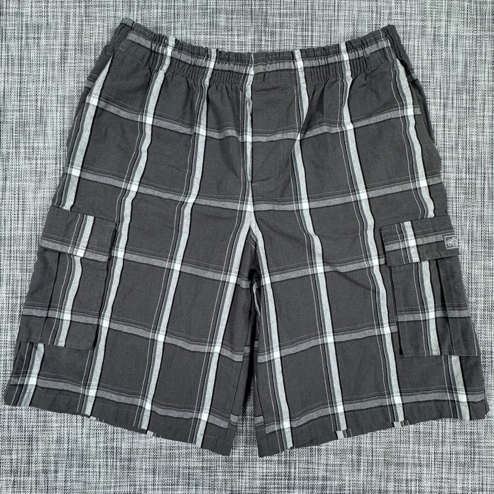 Shaka Wear Men's Plaid Cargo Shorts 2XL Gray Black Baggy Relaxed Elastic Waist
